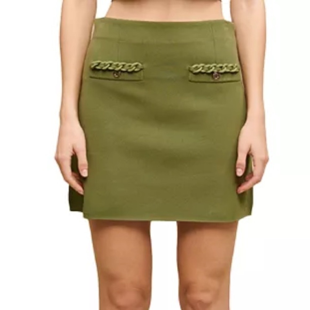 NWT Maje Jadene Knit Chain Trim Mini Skirt Green Stretch Sz 36